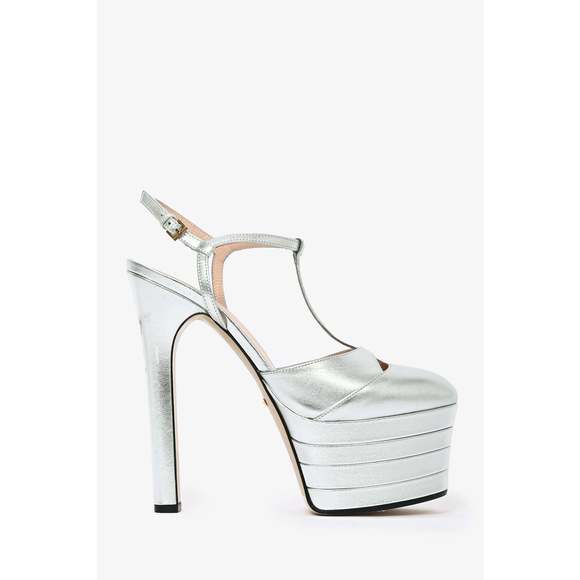 Gucci Silver Metallic Leather Platform T-Strap Heels Size 37.5 - Picture 1 of 3